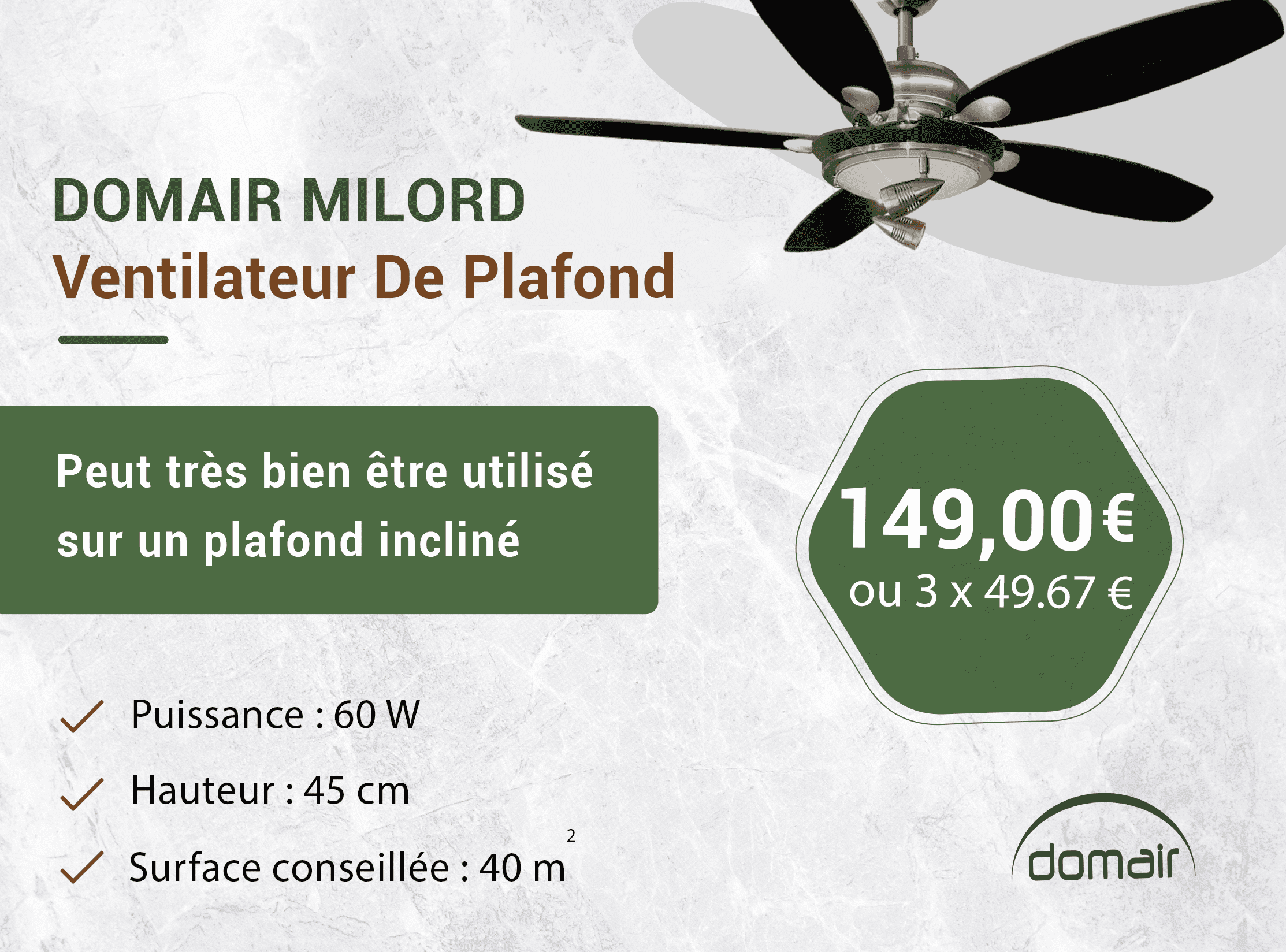 DOMAIR MILORD - Ventilateur De Plafond - Avec Globe Et Spots - 60 Watts - Diamètre 132 Cm - 3 Vitesses - Commande À Tirette - No